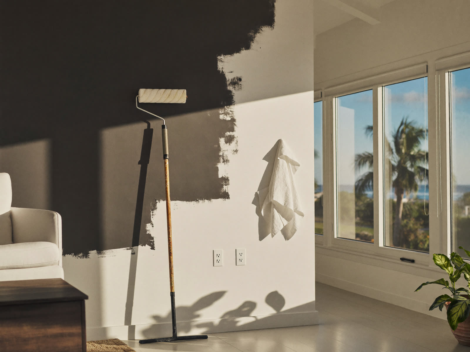 Half-painted charcoal accent wall in a bright Florida coastal living room